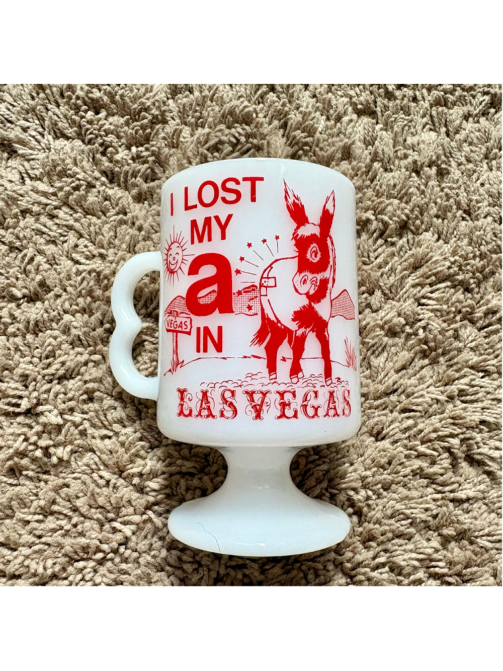 Vintage 70s novelty milk glass Las Vegas mug